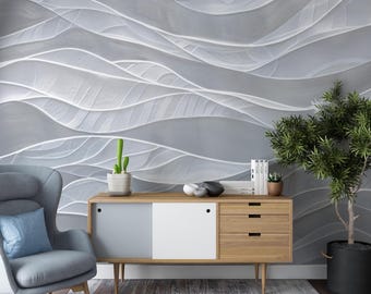 Silver Ripples Wallpaper - Peel and Stick Abstract Panoramic Mural - Contemporary Grey Wall Decor - Modern Wave Texture