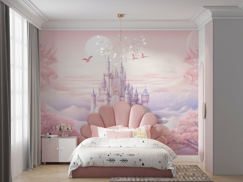 Papier Peint Château Enchanté Déco Chambre Fille Murale Féerique Cerisiers Magie et Rêves image 6