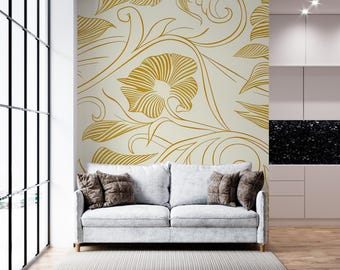 Goldgelbe Jugendstil-Panoramatapete mit Blumenmuster – Florales Wandbild mit Pflanzenlinien – Elegante Retro-Wanddekoration