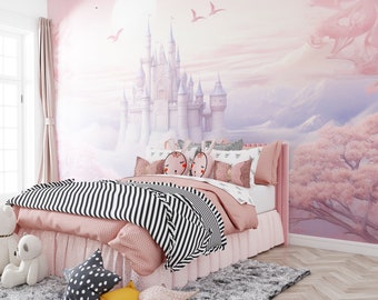 Papier Peint Château Enchanté - Déco Chambre Fille - Murale Féerique Cerisiers - Magie et Rêves