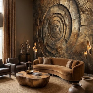 Peut inclure: Un salon avec une grande fresque murale représentant une spirale de grain de bois brun foncé, un canapé incurvé en velours brun, une table basse en bois avec des accents métalliques, deux fauteuils en cuir et deux grands vases en céramique.