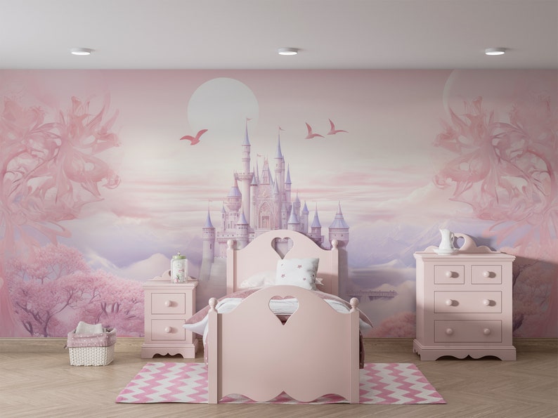 Papier Peint Château Enchanté Déco Chambre Fille Murale Féerique Cerisiers Magie et Rêves image 3