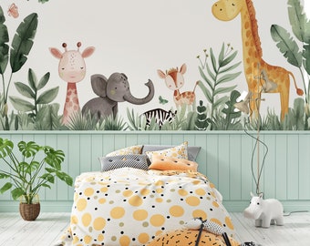 Safari Douceur – Papier Peint Animaux de la Savane pour Enfants- Décor Animaux Safari - Ambiance Jungle Joyeuse -  Design Coloré Ludique