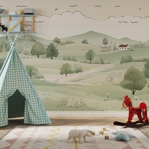 Carta da parati panoramica per la cameretta dei bambini - Paesaggio di colline pastello - Decorazione da parete morbida e giocosa - Scena di campagna tranquilla per bambini
