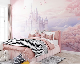 Fairytale Castle Wallpaper - Peel and Stick Panoramic Mural for Girls Room - Cherry Blossom Pastel Nursery Wall Decor