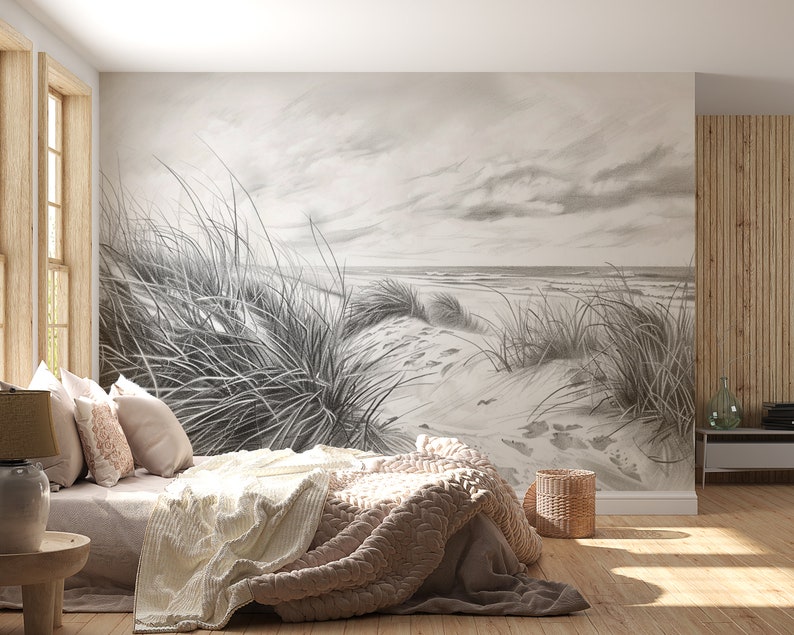 Papier peint panoramique dunes et plage en Noir et Blanc image 1
