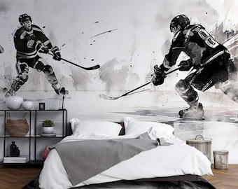 Papier Peint panoramique Hockey sur glace - Energie sur glace - noir et blanc