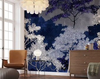 Papier Peint Panoramique Jardin nocturne  - Bleu Mystique | Art Mural Luxe