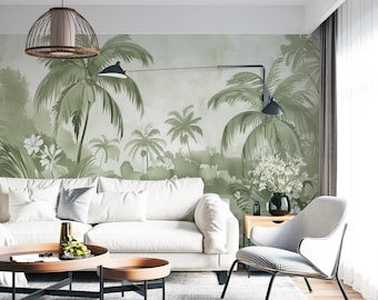 Papier Peint Rêve de Jungle – Décoration Murale Tropicale en Vert Pastel