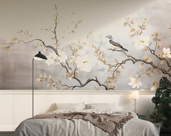 Papier Peint Floral Moderne - Murale Branche Fleurie et Oiseau - Art Mural Nature Élégant - Décor Zen Contemporain - Chinoiserie