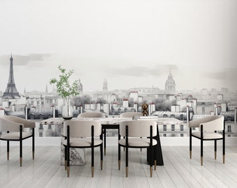 Pariser Panorama-Tapete – Monochrome Skyline – Urban-Chic-Wandbild – künstlerischer Blick auf die Stadt – elegantes Dekor – Schwarz und Weiß