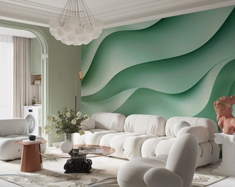 Ondes de sérénité - Papier peint panoramique vert d'eau - texture 3D vagues en trompe l'oeil