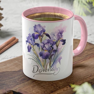 Personalized Iris Flowers mug, 11 oz | Irises Coffee Mug | Iris Coffee Cup | Custom Name Flowered Mug | Watercolor Flowers | Beautiful Mug