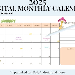May include: A digital monthly calendar for January 2025 with a mushroom theme. The calendar has a light blue background with a peach-colored grid. The days of the week are listed across the top, and the numbers 1 through 31 are listed down the side. There are several mushroom illustrations throughout the calendar, including a large mushroom in the top right corner. The text "THINGS TO DO" is written next to the mushroom. There is a smaller section labeled "NOTES" on the right side of the calendar. The text "Hyperlinked for iPad, Android, and more" is at the bottom of the calendar.