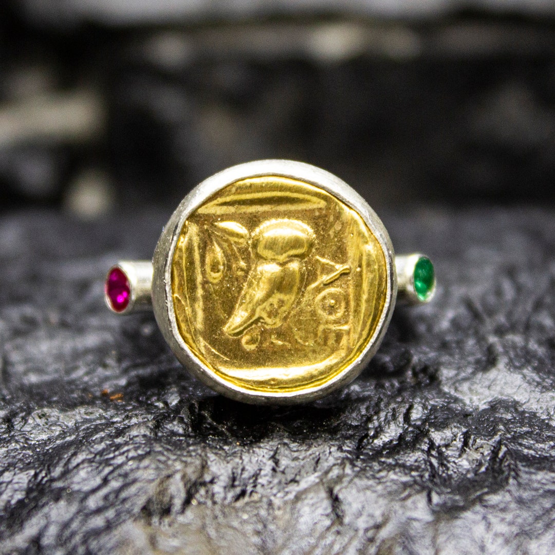 Ancient Greek Goddess Ring Christmas Jewelry Athena Owl Coin