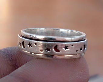 Sterling Silver Moon Star Spinner Ring, Celestial Fidget Band, Boho Jewelry