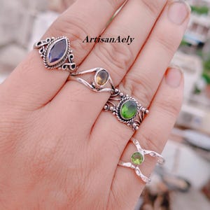 Amethyst Citrine Peridot Sterling Silver Ring Set, Boho Stackable Marquise Gemstone Jewelry