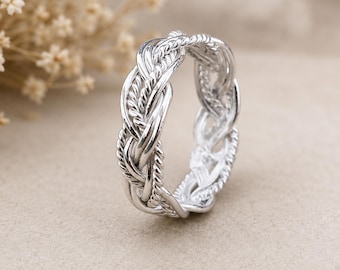 Anillo trenzado de plata de ley 925, banda con nudo celta tejido, joyería artesanal minimalista.