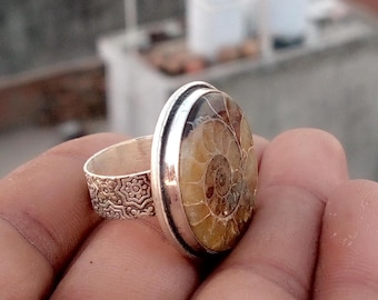 Sterling Silver Ammonite Fossil Statement Ring, Round Brown Beige Gemstone Jewelry
