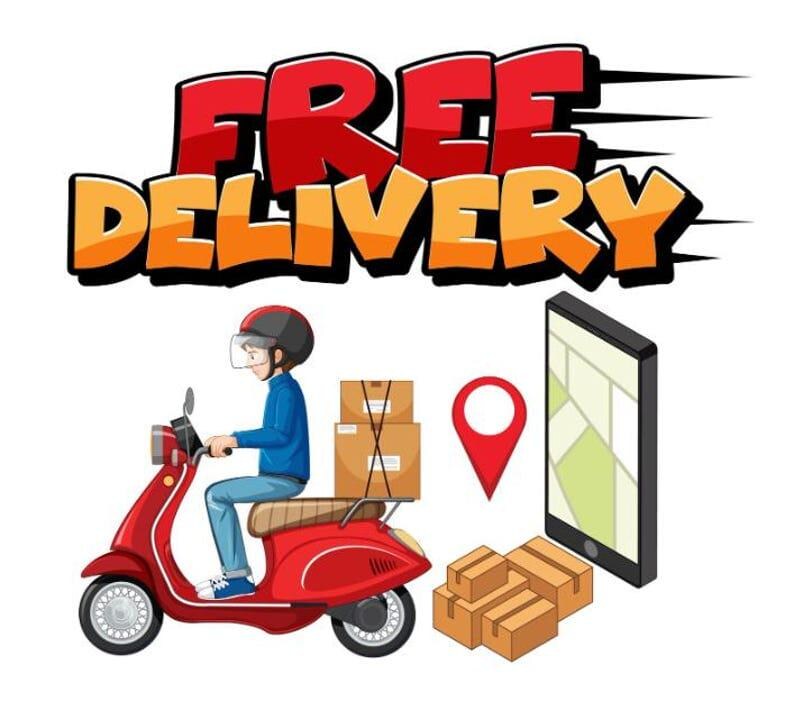 May include: A cartoon illustration featuring a delivery driver in a blue shirt and helmet riding a red scooter. The image includes brown cardboard boxes, a red location pin, a smartphone displaying a map, and the text FREE DELIVERY in bold.