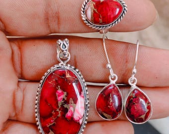 Handmade Red Rose Dahlia Turquoise Jewelry Set, Sterling Silver Pendant Earrings Ring, Boho Statement