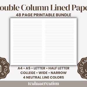 May include: A digital printable bundle of double column lined paper. The image shows a white sheet of paper with horizontal lines, suitable for note-taking or journaling. The text includes "Double Column Lined Paper" and "48 Page Printable Bundle."