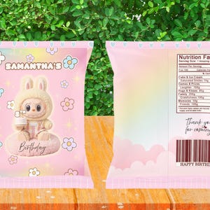 Labubu monster pastel colours Birthday Chip bag favour Editable & Printable Template - fluffy Labubu girl party treats chip bag