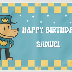 Banner de cumpleaños de Dog Man: Fondo de fiesta editable (descarga digital, 183 x 91 cm)