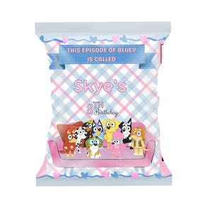 Bluey and friends Birthday Chip bag favour Editable & Printable Template - Bluey and friends girl party treats chip bag  Editable in Canva