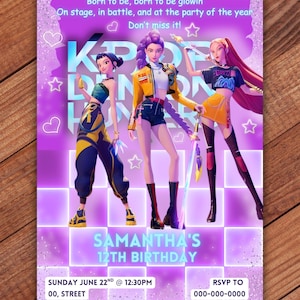 Editable K Pop demons hunters Birthday Invite girl anime birthday invite neon K pop birthday invitation music neon invitation