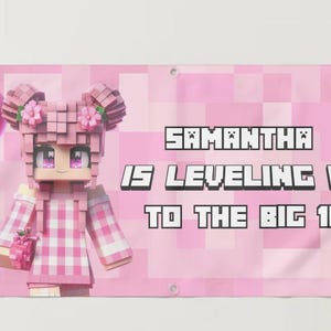 Minecrafter pink Birthday background party banner, minecrafter Wall backdrop birthday banner Girl birthday banner