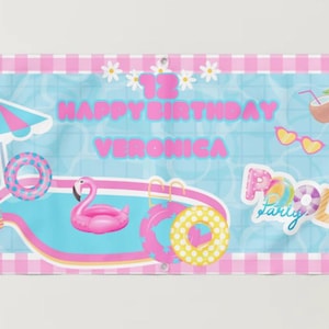 Editable pool party Birthday background party banner, pool party swimming Wall backdrop pool party summer happy birthday banner