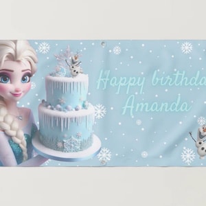 Editable Frozen Elsa Birthday background party banner, Wall backdrop