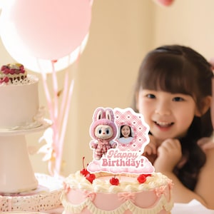 Labubu Birthday Cake Topper Template: Pink Photo, Printable (PDF File)
