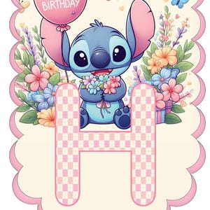 Stitch Happy Birthday Scalloped Banner: Custom Name Bunting (Digital File)