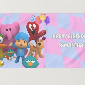 Editable Pocoyo and friends Birthday background party banner, Wall backdrop