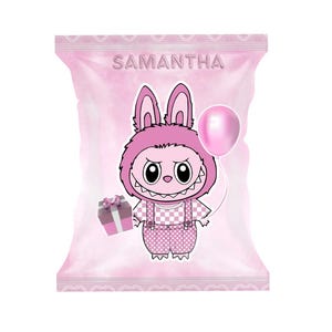 Labubu Birthday Chip Bag: Pink Party Favor Template (Editable, Printable)