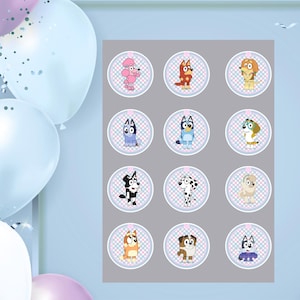 Bluey en vrienden Afdrukbare cupcake-toppers Bluey en vrienden roze en blauwe cupcake-toppers Verjaardagsfeestje meisje