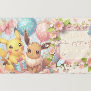 Editable Pikachu and Eevee Birthday background party banner, Wall backdrop