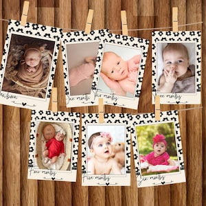 Modèle de bannière Photo premier anniversaire fleur de marguerite, cartes d'étape mensuelles modifiables de bébé, guirlande photo moderne imprimable