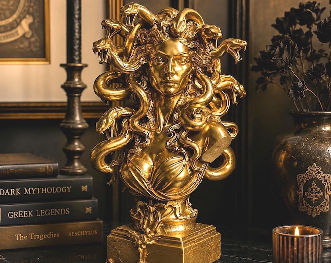 Featured listing image: Golden Medusa Bust Sculpture 25 cm | Luxury Gothic Decor | Hand Painted Gold Finish | Mythological Indoor Statue | Dark Elegance Art Piece