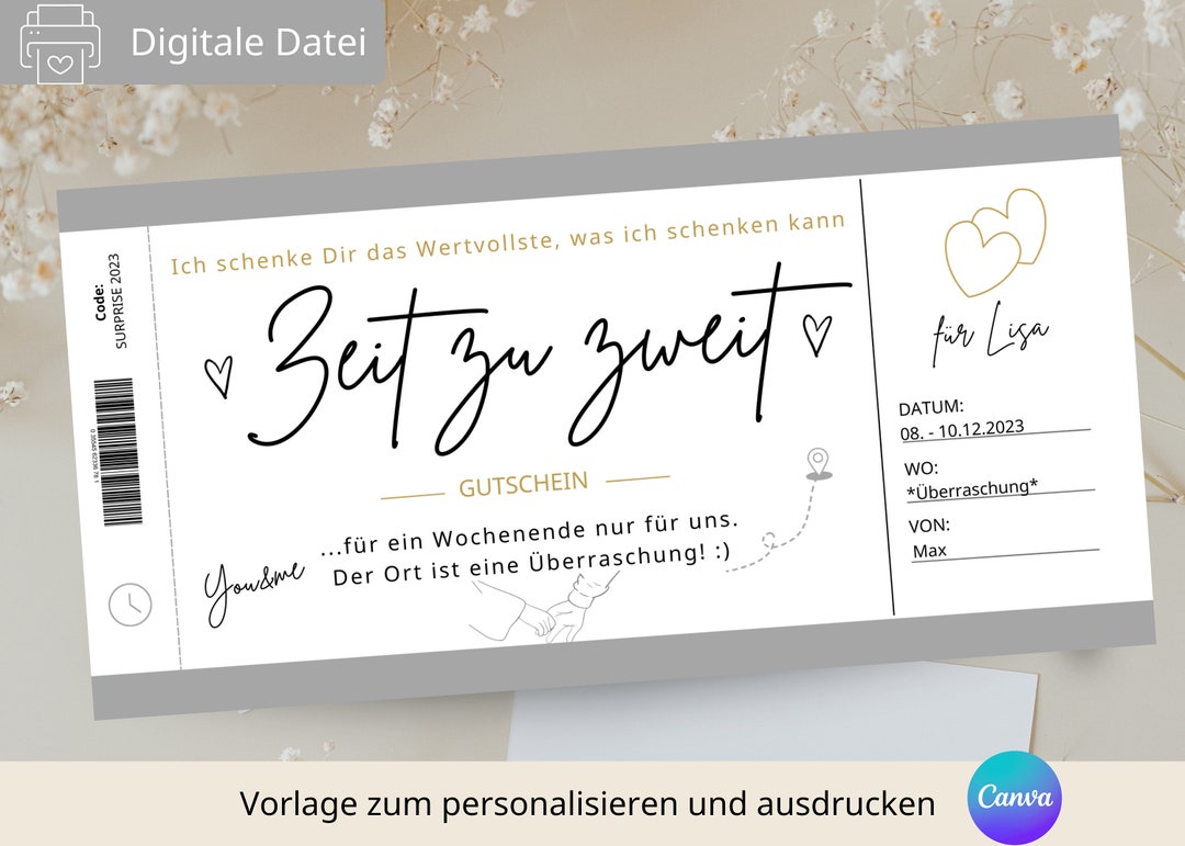 Gutschein Zeit zu zweit Vorlage Gemeinsame Zeit Gutschein Etsy.de