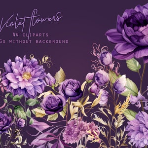Clipart Flores Violetas - Aquarela Violeta Clipart - Aquarela Flores Violetas Roxas - Clipart Flores - Casamento - Aquarela Flores