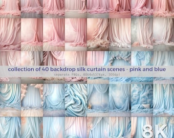 Backdrop Silk Curtain Scenes Pink and Blue, 40 Various Backdrop Images, 8K, Photography Background, For Photoshop, Maternity Backdrop