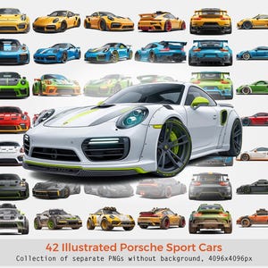 Porsche Sport Cars Clipart Bundle 4K PNG | 42 Tuned Porsche Illustrations with Transparent Background | Instant Download