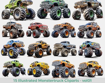 Illustrated Monstertrucks Cliparts - vol01, Monster Truck clipart, PNGs without background, cars illustration, monstertruck png