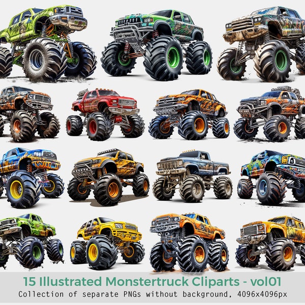 Illustrated Monstertrucks Cliparts - vol01, Monster Truck clipart, PNGs without background, cars illustration, monstertruck png
