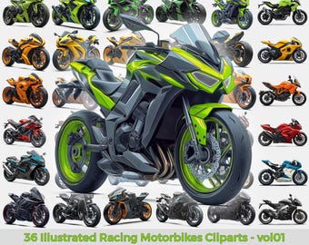 Cliparty przedstawiające motocykle wyścigowe: Ilustrowane grafiki PNG (tom 01)