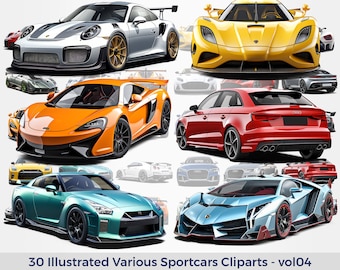 Illustrated Various Sportcars Cliparts vol04, Supercars Clipart, PNGs without background, Sport Cars Illustration, Super Cars
