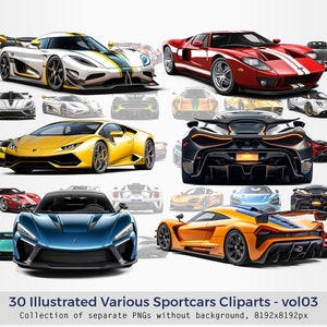 Ilustrowane różne sportowe samochody Cliparts vol03, Supersamochody Clipart, PNG bez tła, Sportowe samochody Ilustracje, Supersamochody